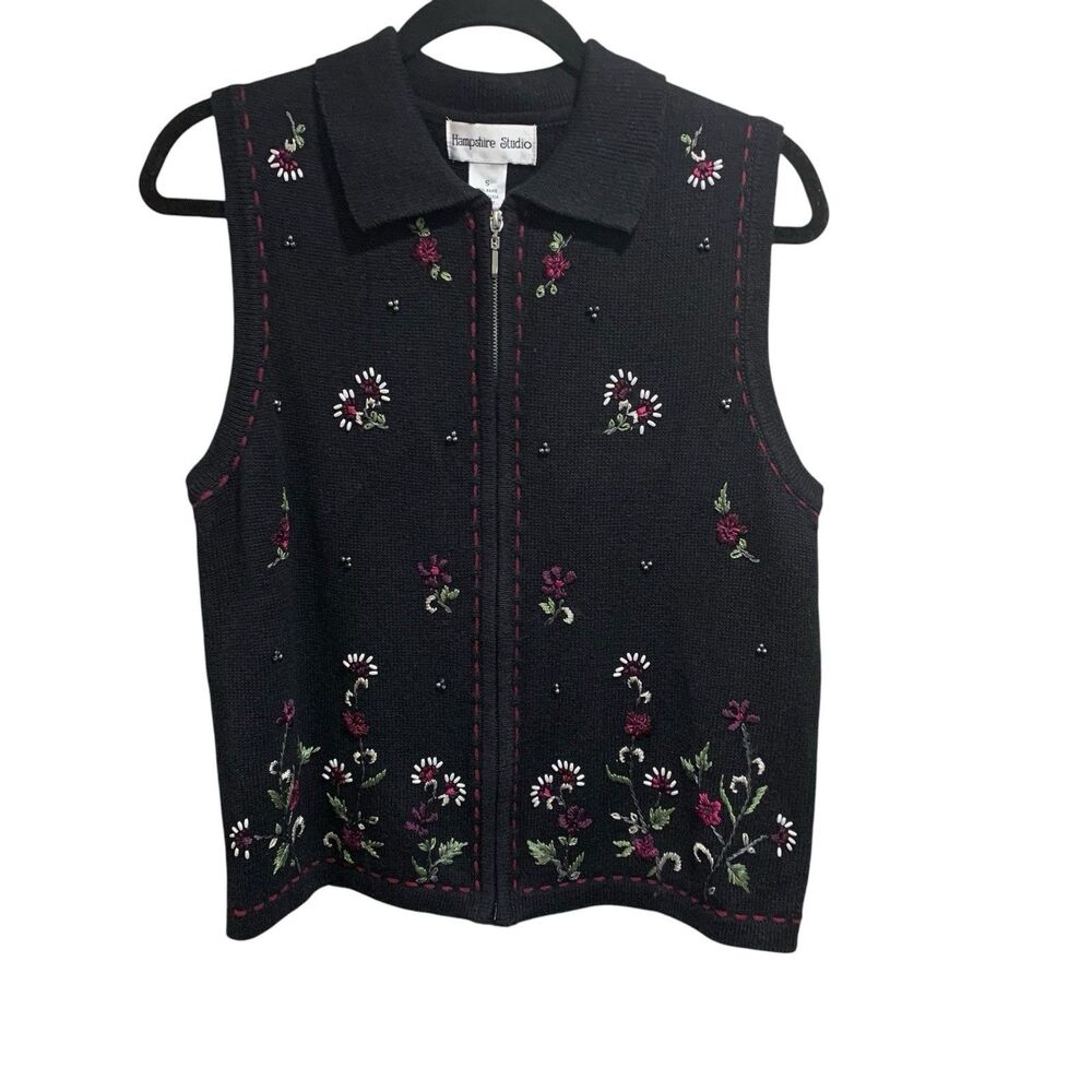 Vintage Hampshire Studio Womens Black Floral Embroidered Beading Vest S Cottage